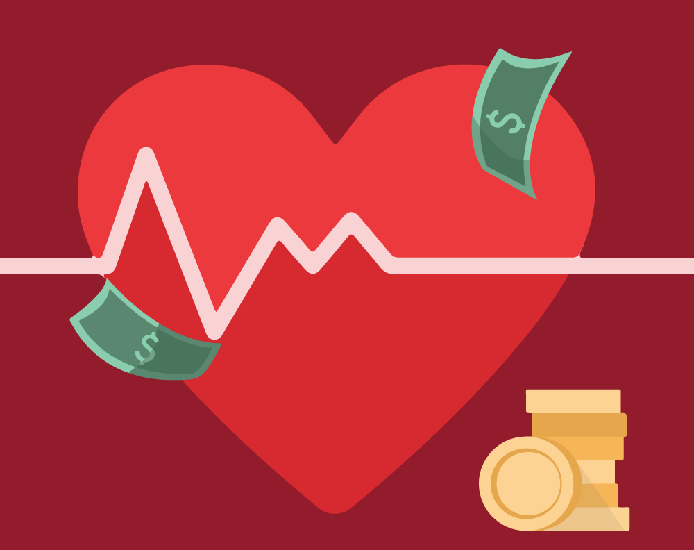 Illustration of a health care heart and money. Created using Piktochart graphics