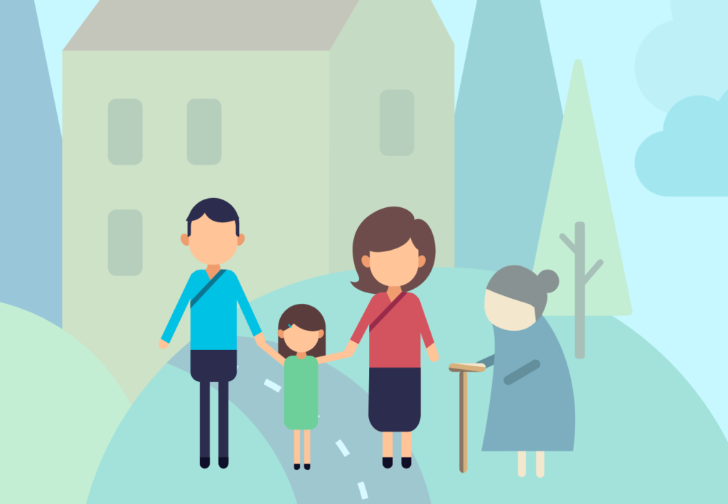 Illustration of a multigenerational family outside their home.