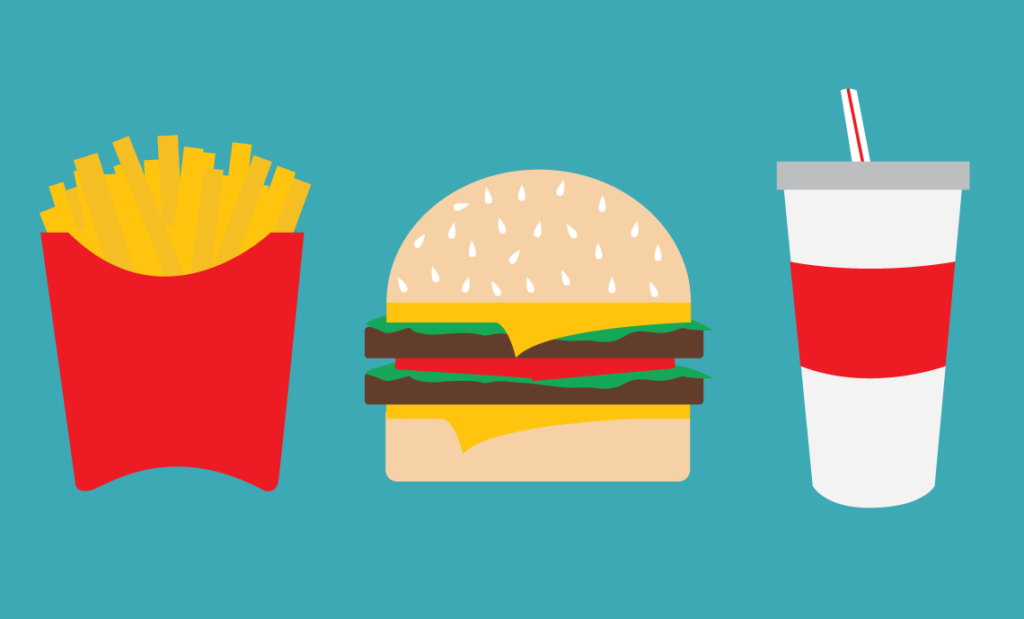 Illustration of a french fries, a cheeseburger and soft drink. Illustration by Kaitlyn Bukema