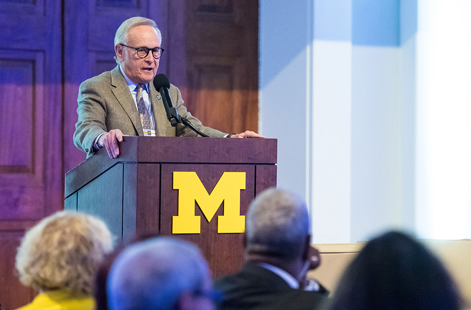 Photo of Larry Wolfe announcing  million gift from the Kahn Foundation