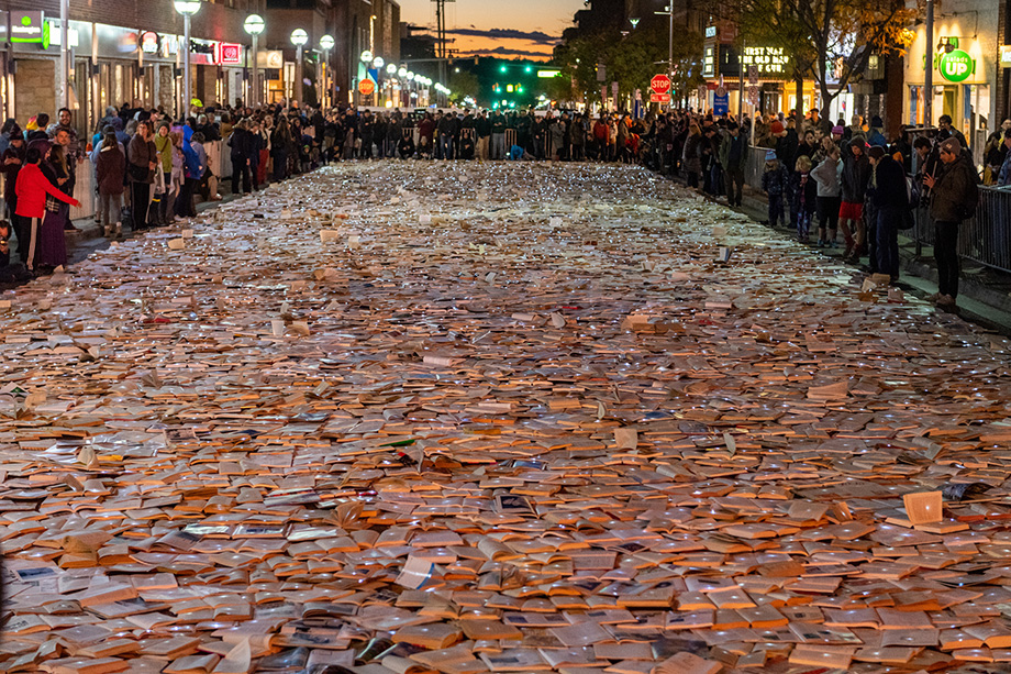 Photo of Liberty Street "paved" with LED-lit books