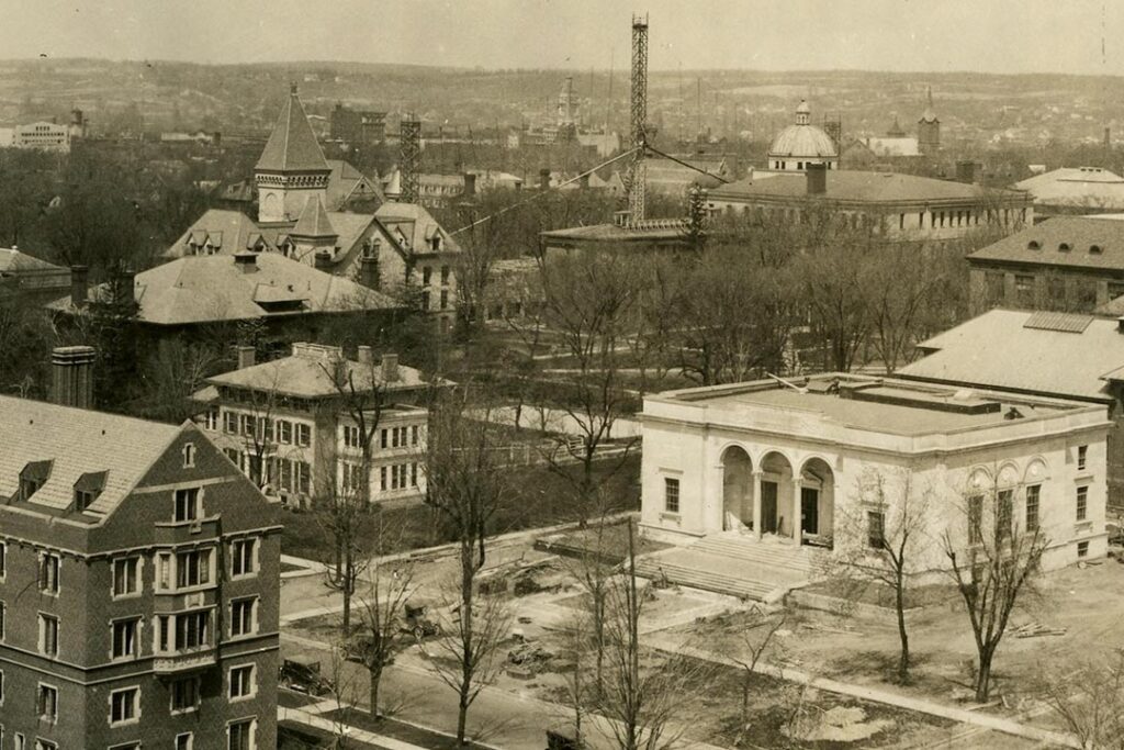 As the Clements Library was being built in the early '20s, what looks like a skating rink is visible behind the President’s House.