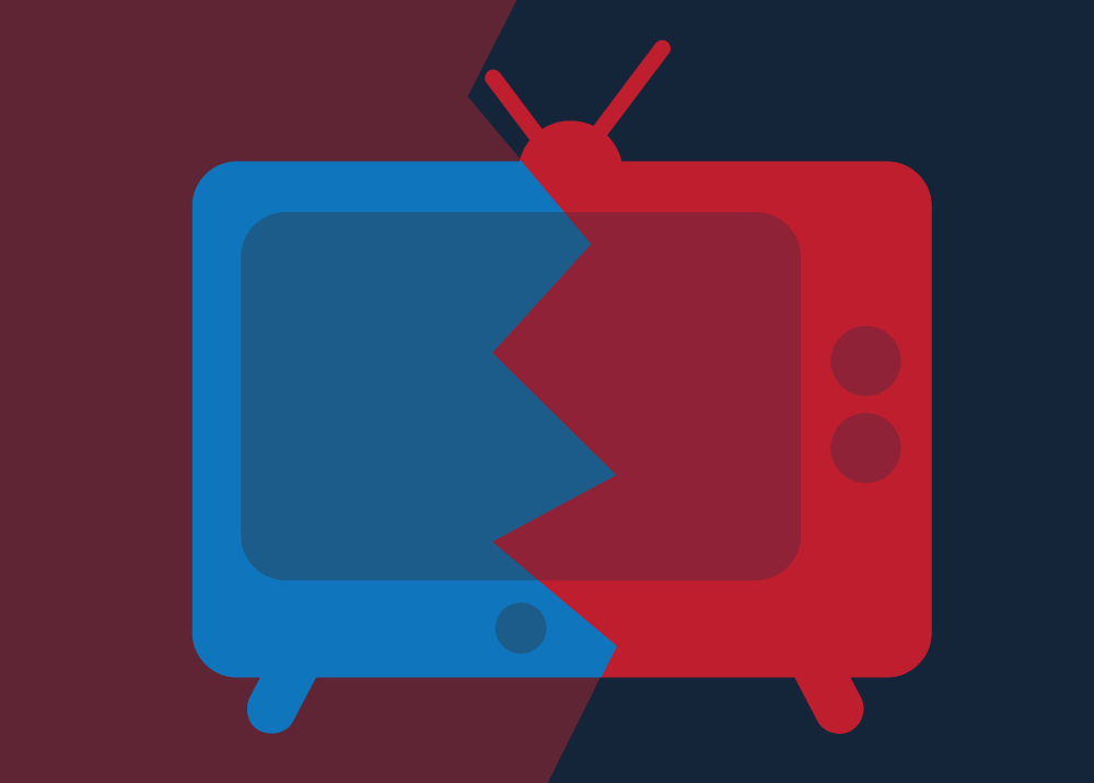 Conceptual illustration of a television split in half, representing split media coverage. Illustration credit: Kaitlyn Beukema