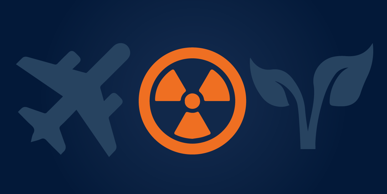 Icons of an airplane, a toxin sign, and a leaf