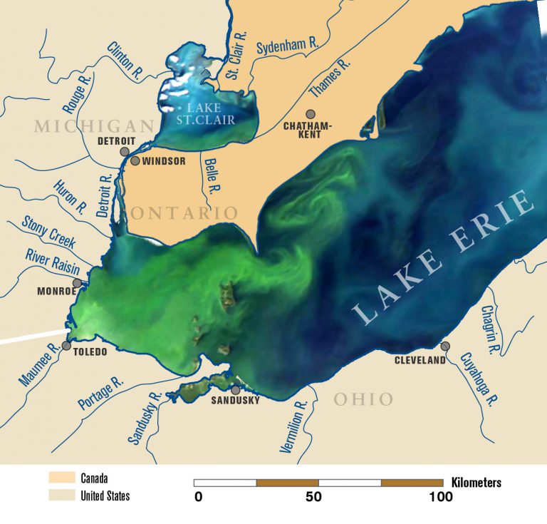 A satellite image of Lake Erie on Sept. 3, 2011, overlaid on a map of the lake and its tributaries. This image shows the bloom about six weeks after its initiation in the lake’s western basin. On this date, it covers the entire western basin and is beginning to expand into the central basin. Map by Michigan Sea Grant