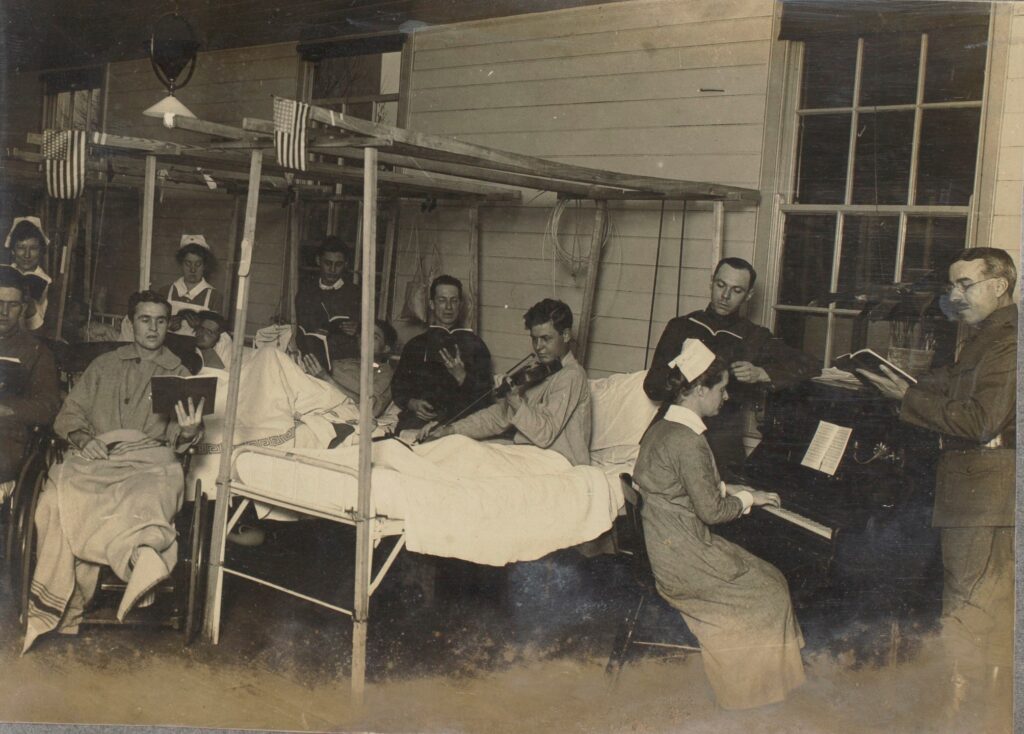 Singing at Base Hospital #29, London, England, 1918. World War I Surgeon's Album. Graphics Division. William L. Clements Library.