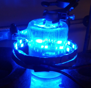 Synthesis of 1-Aminonorbornanes:&nbsp;The team's simple set up includes blue LED strips and a jacketed water bath to maintain a constant temperature over the course of the reaction. Once the aminocyclopropane and photocatalyst is added in solution to a vial, the team just turns on the lights and let the photocatalyst do all the work. Image credit: The Stephenson Lab