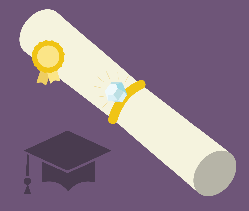 Concept illustration of a diploma and a wedding ring. Illustration credit: Kaitlyn Bukema