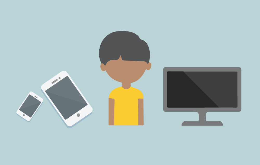 Concept illustration of a mobile phone, a child and a computer screen. Illustration credit: Kaitlyn Bukema
