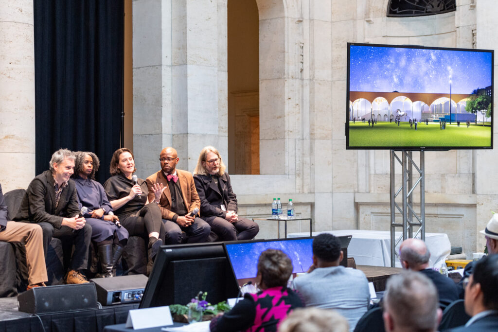 1/23/19 DIA Plaza Midtown Cultural Connections Competition presentations. Anya Sirota, associate professor of architecture and principal of design duo Akoaki in Detroit, talks about the proposed canopy that would rise high and flexible as a DIA addition. It would be used to exhibit new works, large-scale exhibits and events. Scott Soderberg, Michigan Photography.