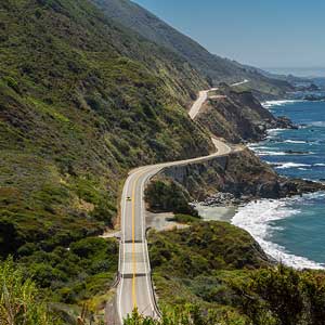 A deserted Highway 1 along the coast of California near Big Sur.