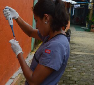 Lab2: Study team member Ingrid Massiel Mercado processes a blood sample in a neighborhood in Managua in June 2017 as part of the Nicaraguan Pediatric Dengue Cohort Study (PDCS), a long-standing pediatric dengue cohort established in 2004. Image credit: Sustainable Sciences Institute, Paolo Harris Paz.
