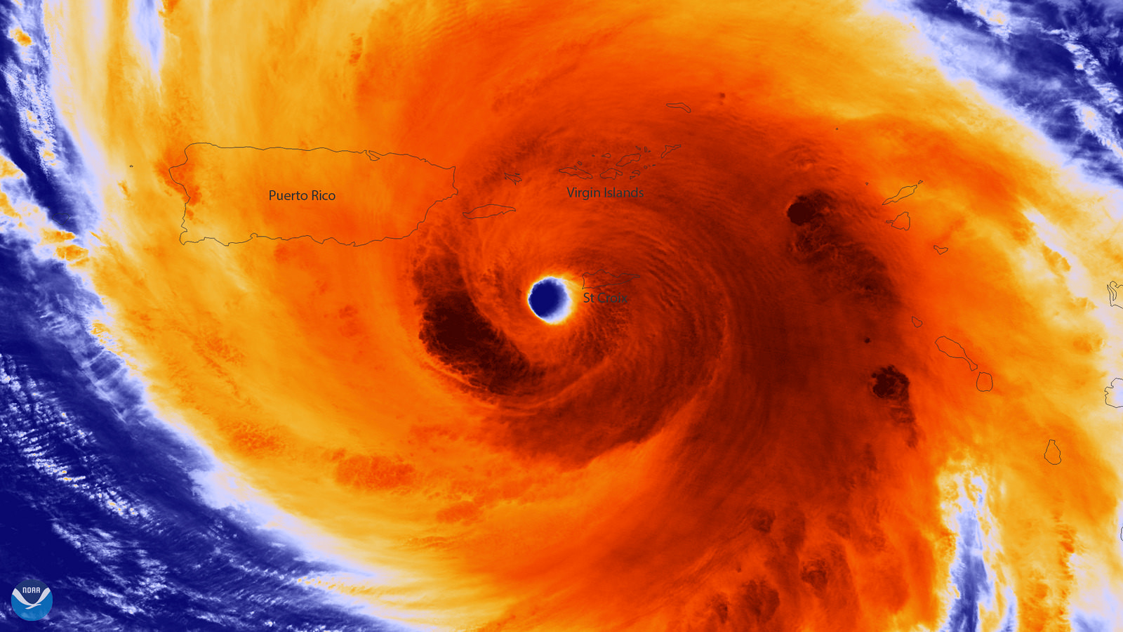 The well-defined eye of Hurricane Maria three hours before arriving in Puerto Rico on September 20, 2017 with maximum sustained winds of around 150 mph. Image credit: NOAA National Satellite, Data and Environmental Information Service (NESDIS) Colored infrared image of the Suomi NPP NOAA / NASA satellite.