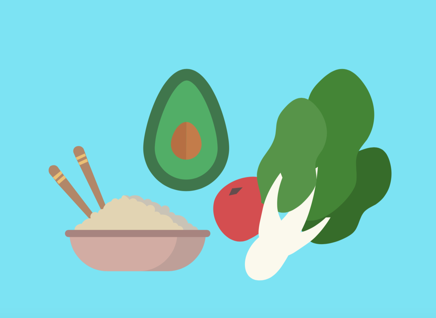 Icons of rice, an avocado, lettuce, and a tomato.