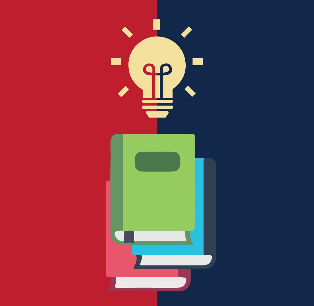 Conceptual illustration of books and a lightbulb. Background is divided evenly into red and blue sections.