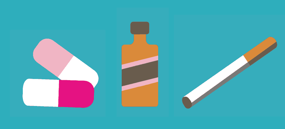 Icon illustration of commonly abused substances. Illustration credit: Kaitlyn Bukema