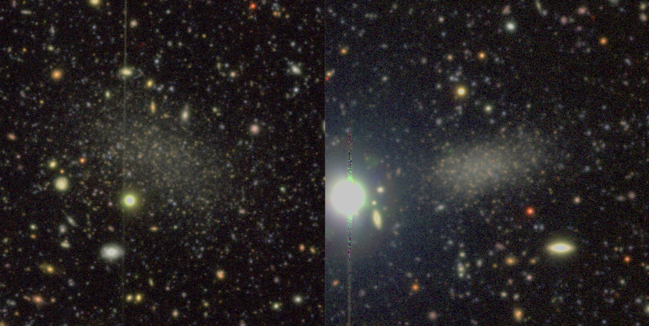 Color images of the two recently discovered satellite galaxies around M94. The images were taken with Hyper Suprime-Cam on the Subaru telescope, located at nearly 14,000 ft above sea level on the summit of Mauna Kea in Hawaii Image credit: Smercina et al. 2018