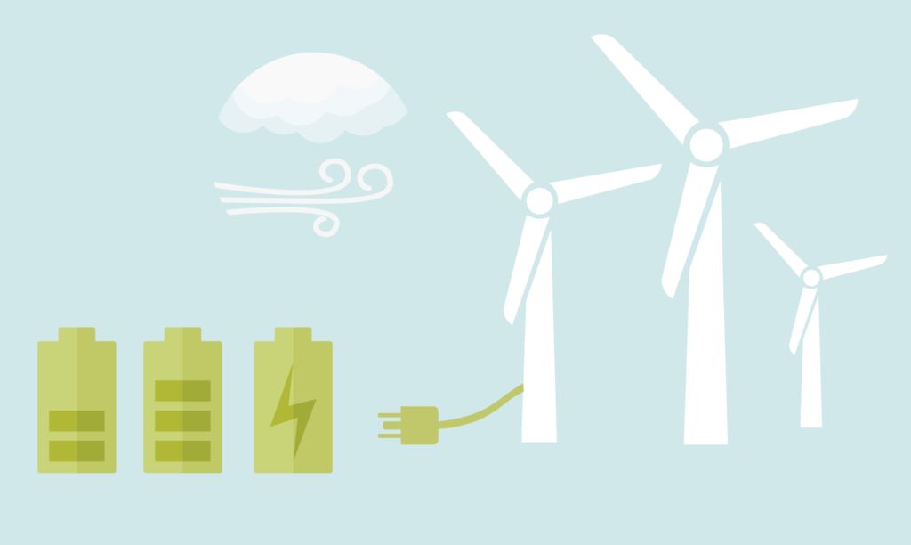 Graphic of wind turbines, wind and batteries being charged with plug from turbines.