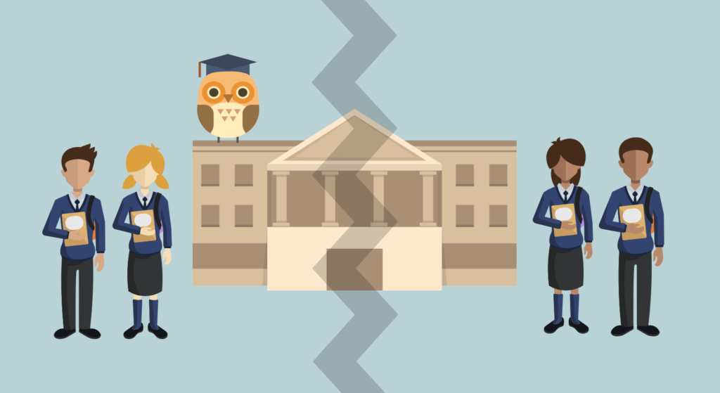 Illustration of a school building divided in half with black students on one side and white students on the other.