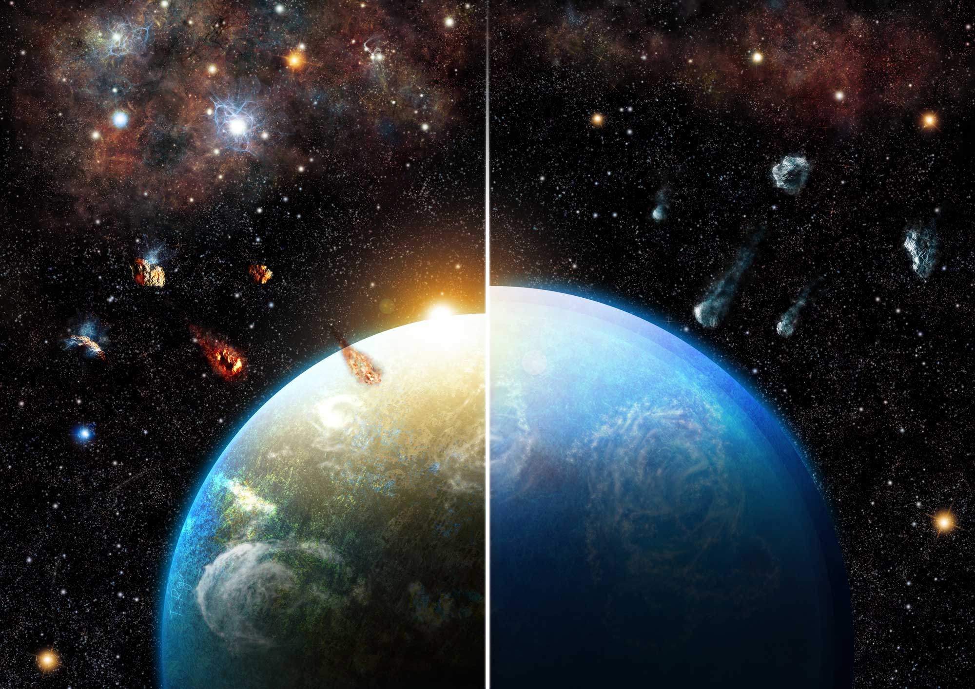 Artist’s rendering of researchers’ simulations shows how planetary systems born in dense and massive star formation regions (left) inherit substantial amounts of radioactive materials, making them much drier than those formed in different environments (right). Image credit: Roger Thibaut