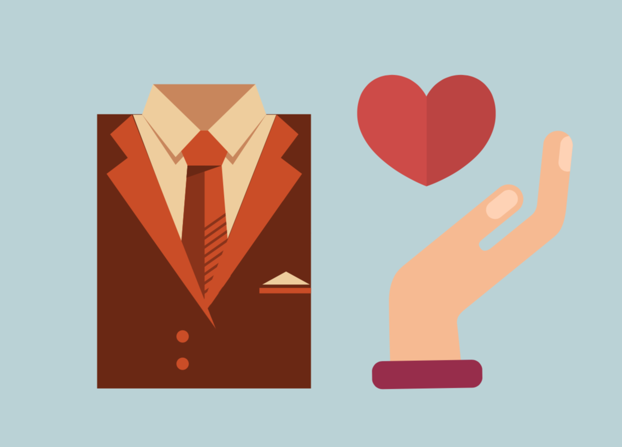 Icons of a business man and a hand holding a heart.