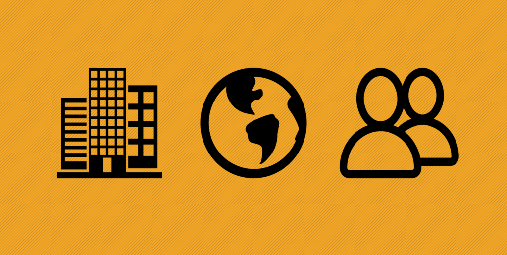 Icons of a building, the world, and people. 