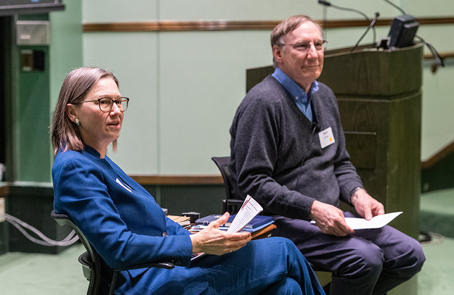 Photo of Jennifer Haverkamp and Stephen Forrest moderating town hall on carbon neutrality