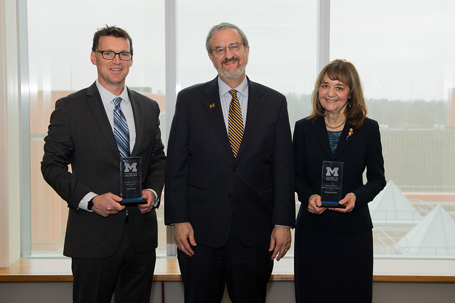 Photo of Joseph Ryan, President Mark Schlissel and Rosina Bierbaum