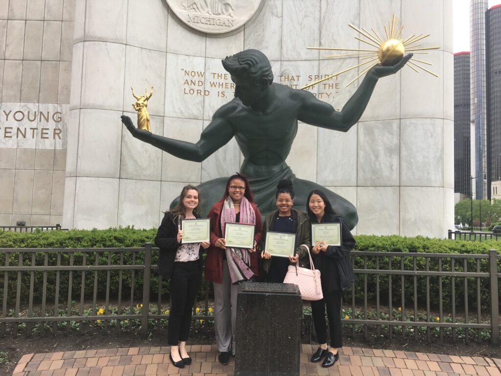 University of Michigan Master of Accounting graduates who worked on projects in Detroit in 2017 are (left to right): Shannon Galligan, Amber Blanks, Elkena Steele and Angie Pae. Photo by: Catherine Shakespeare.
