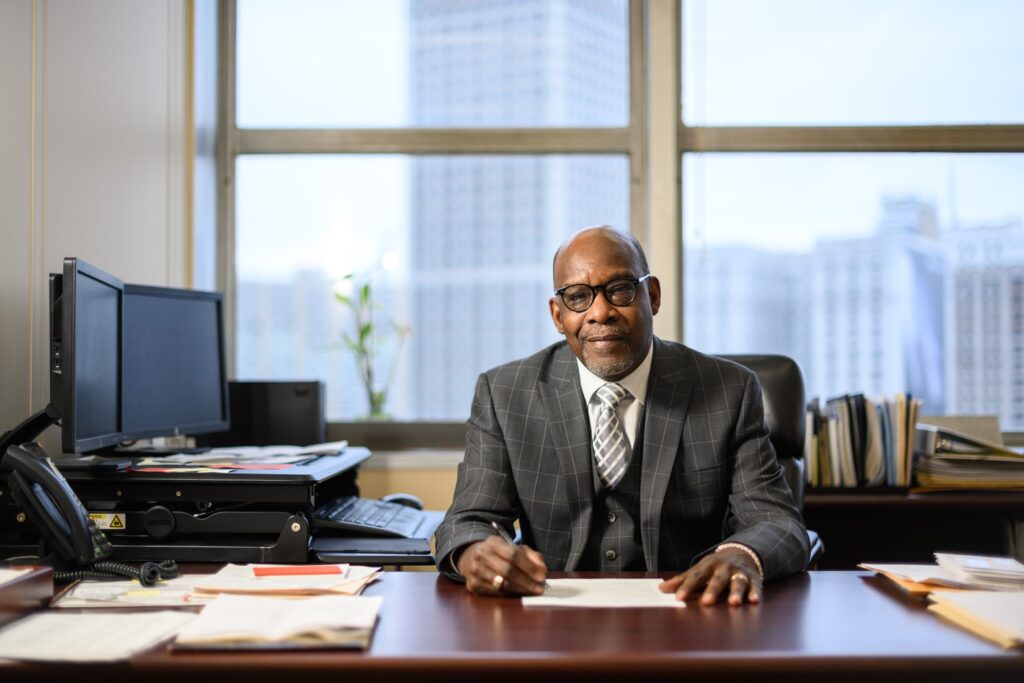 Odell Bailey, income tax manager for the city of Detroit, in his office at the Coleman A. Young Municipal Center. Photo: Austin Thomason, Michigan Photography.