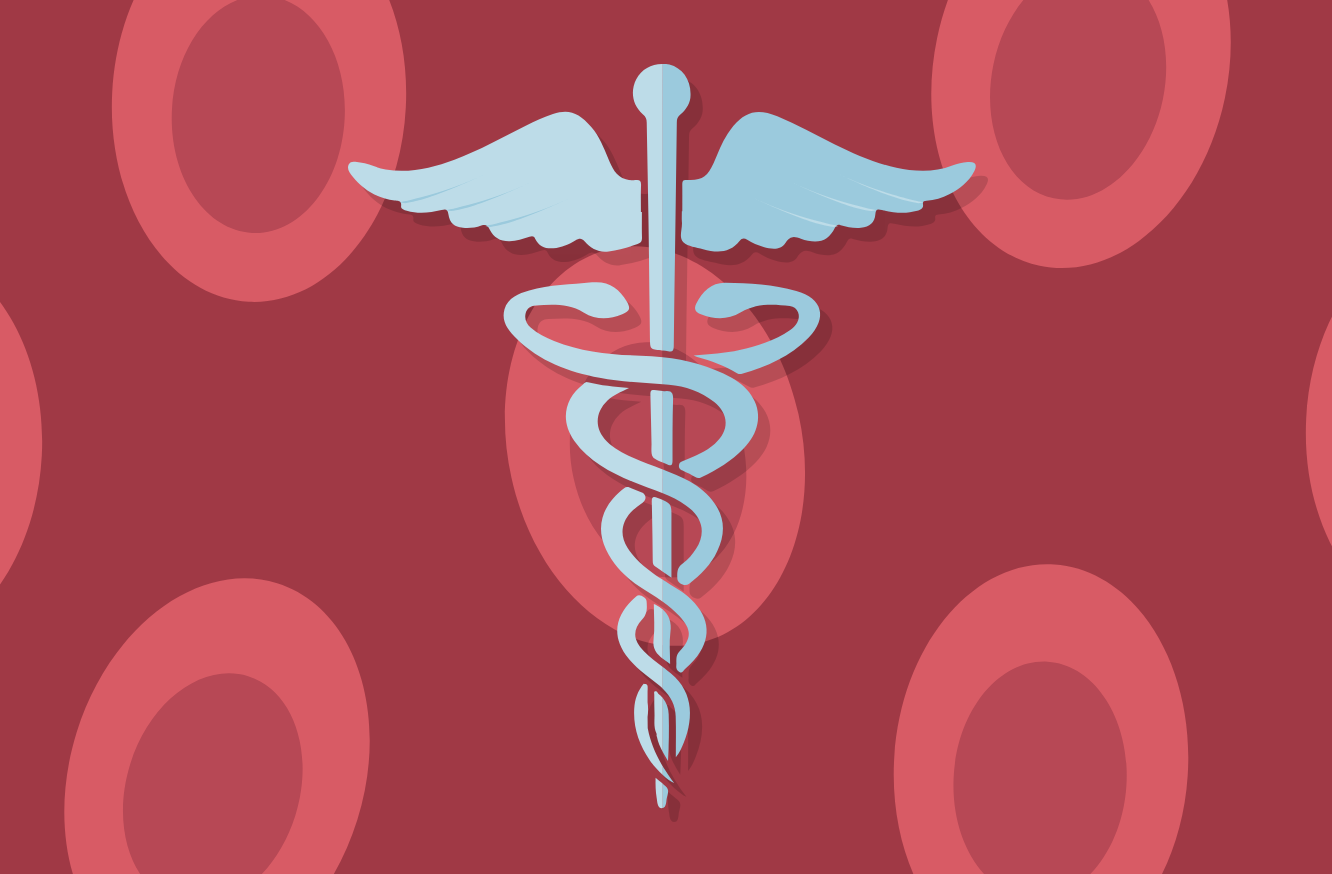 Illustration of red blood cells and medical symbol