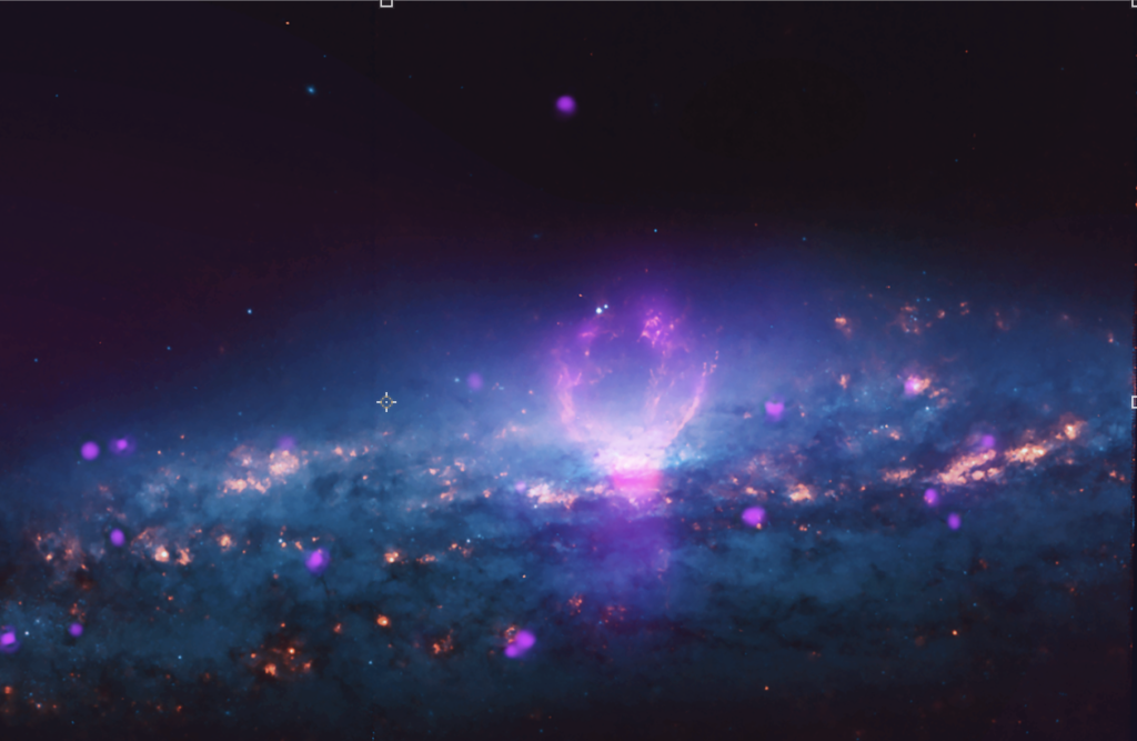 Galaxy NGC 3079, which is located approximately 67 million light years from earth, contains two galactic bubbles. These bubbles give off light in the form of X-ray, optical and radio emission, which make them detectable by NASA telescopes, such as those at the NASA Chandra X-ray Observatory. Image credit: X-ray: NASA/CXC/University of Michigan 