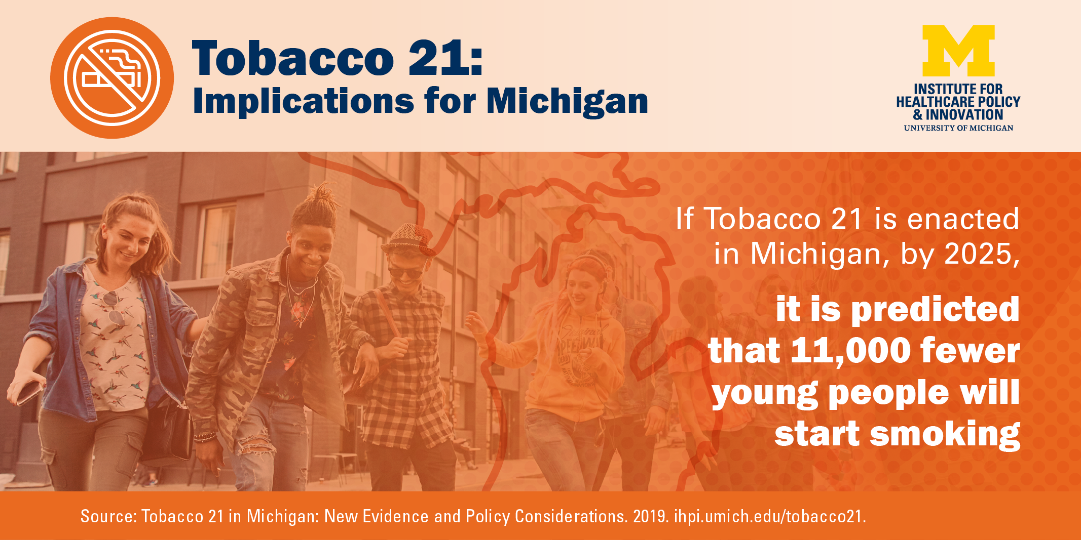 Tobacco 12: Implications for Michigan If Tobacco 21 is enacted in Michigan, by 2025, it is predicted that 11,000 fewer young people will start smoking. Source: Tobacco 21 in Michigan: New Evidence and Policy Considerations. 2019.