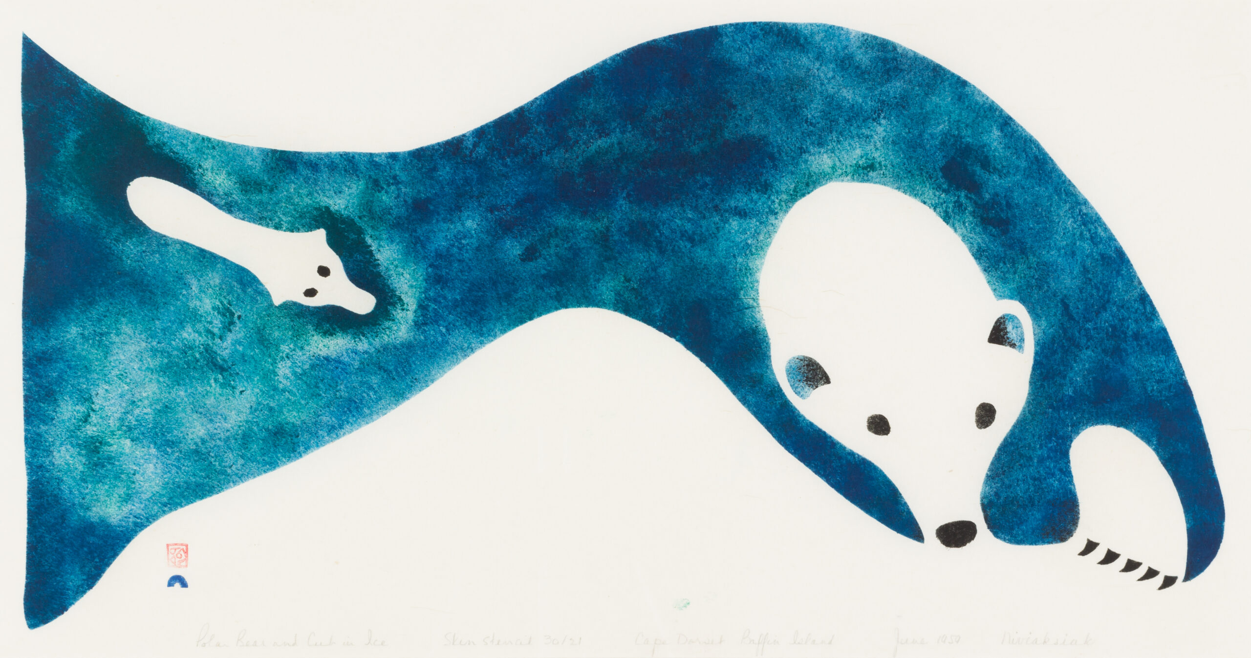 Niviaksiak, Polar Bear and Cub in Ice, Cape Dorset, 1959, stencil. Promised gift of Philip and Kathy Power. © Dorset Fine Arts. Photography: Charlie Edwards