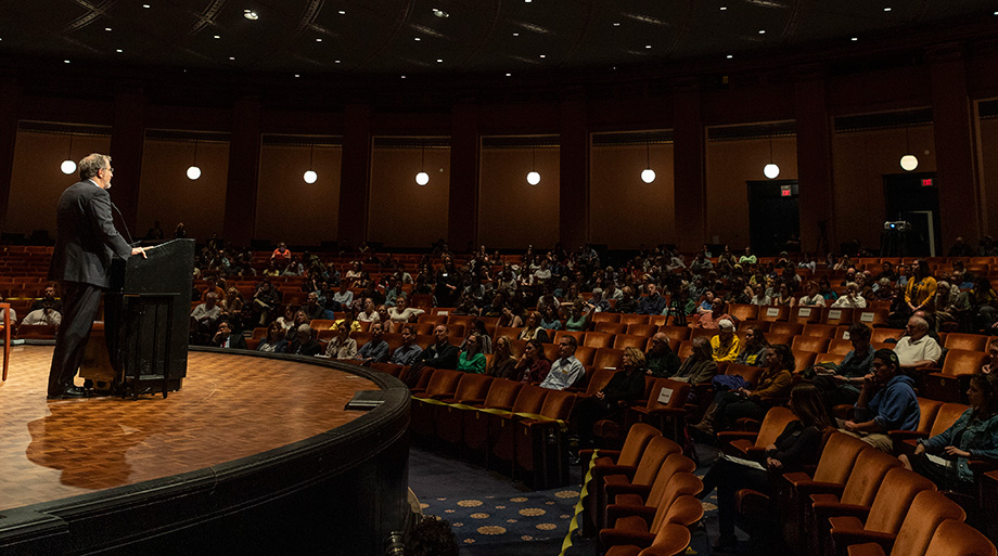 Photo of President Schlissel speaking to the crowd