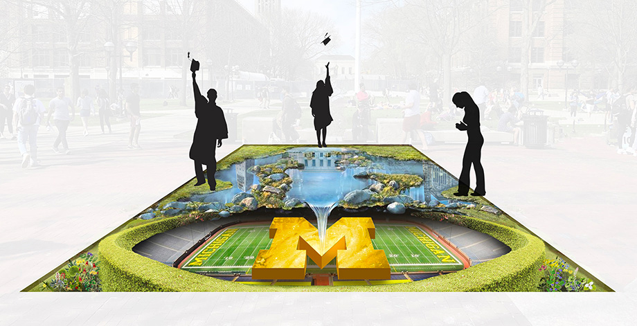 Photo of a mock-up of the 3-D commencement art