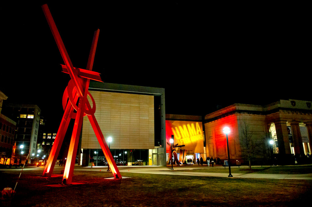 Mark di Suvero's sculptures "Orion" (foreground) and "Shang" (background) have welcomed visitors to the U-M Museum of Art since 2009. After a year of restoration work, "Orion" returns to campus April 2019.