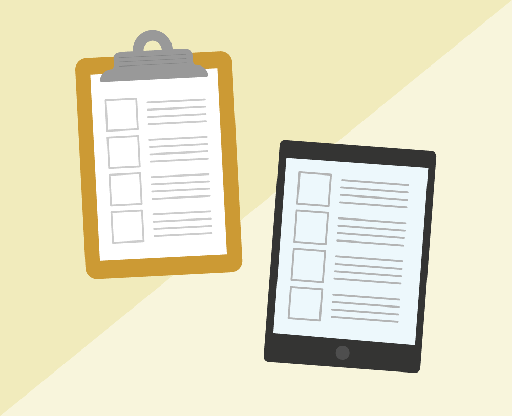 Illustration of records on a clipboard and records on a tablet.