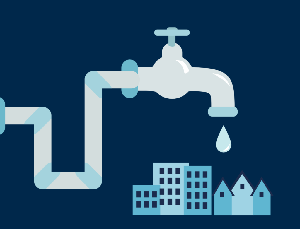 Illustration of a water faucet dripping on a city.