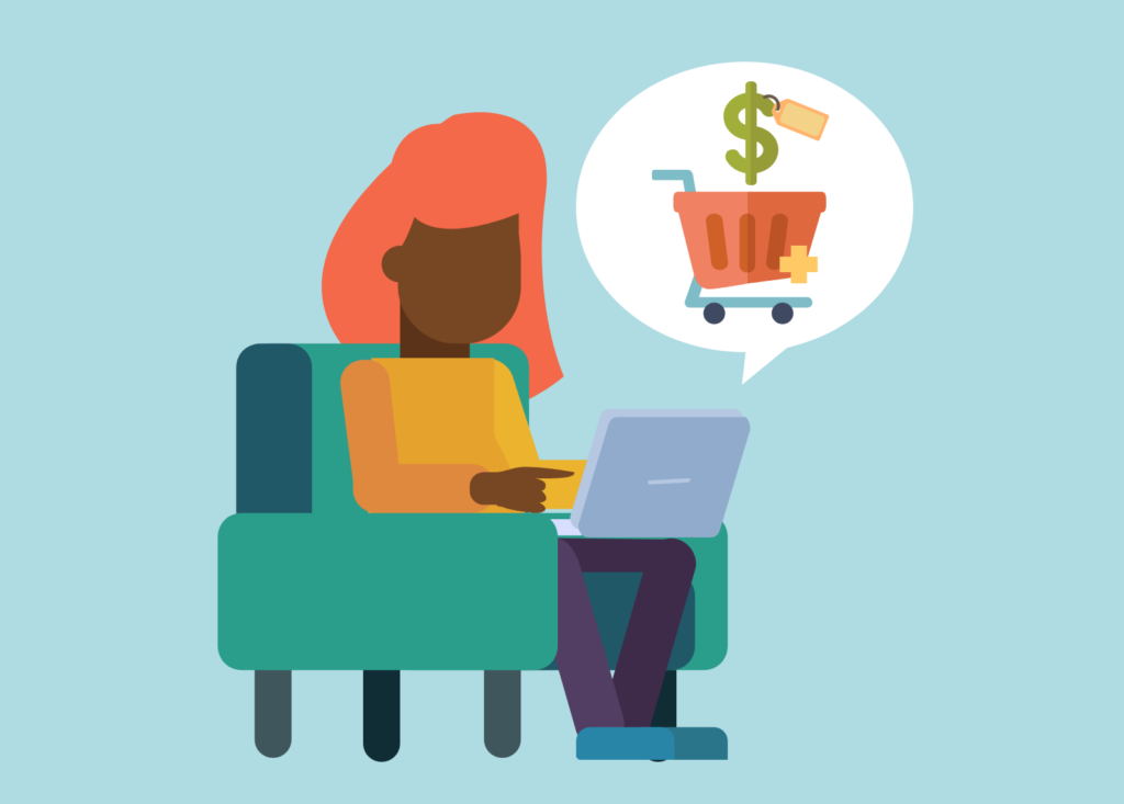 Illustration of a woman online shopping.