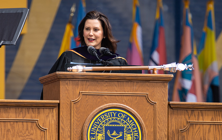 Photo of Gov. Gretchen Whitmer delivering commencement address
