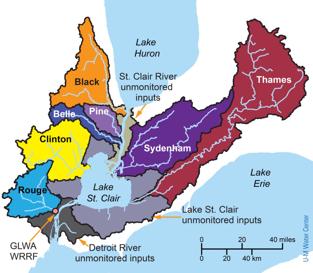 Map of the binational St. Clair-Detroit River System watershed, which includes lands on both sides of the international border that drain into the St. Clair River, Lake St. Clair, and the Detroit River. Land on the U.S. side of the watershed is heavily urbanized, while the Canadian side is mainly agricultural. Image credit: U-M Water Center.