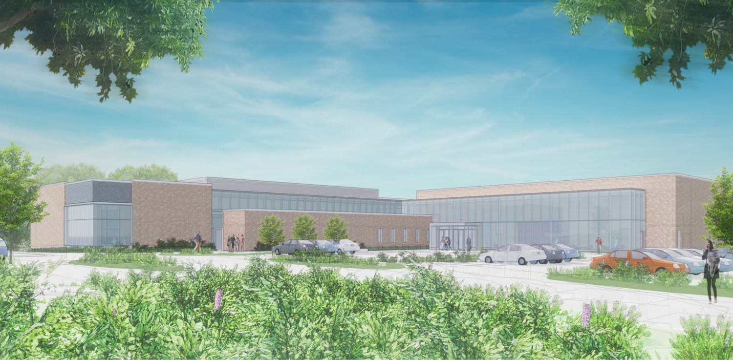 A view looking southeast at the new dance building on the University of Michigan's North Campus. Schematic design produced by TMP Architecture Inc., located in Bloomfield Hills, MI. Image courtesy: U-M School of Music, Theatre & Dance