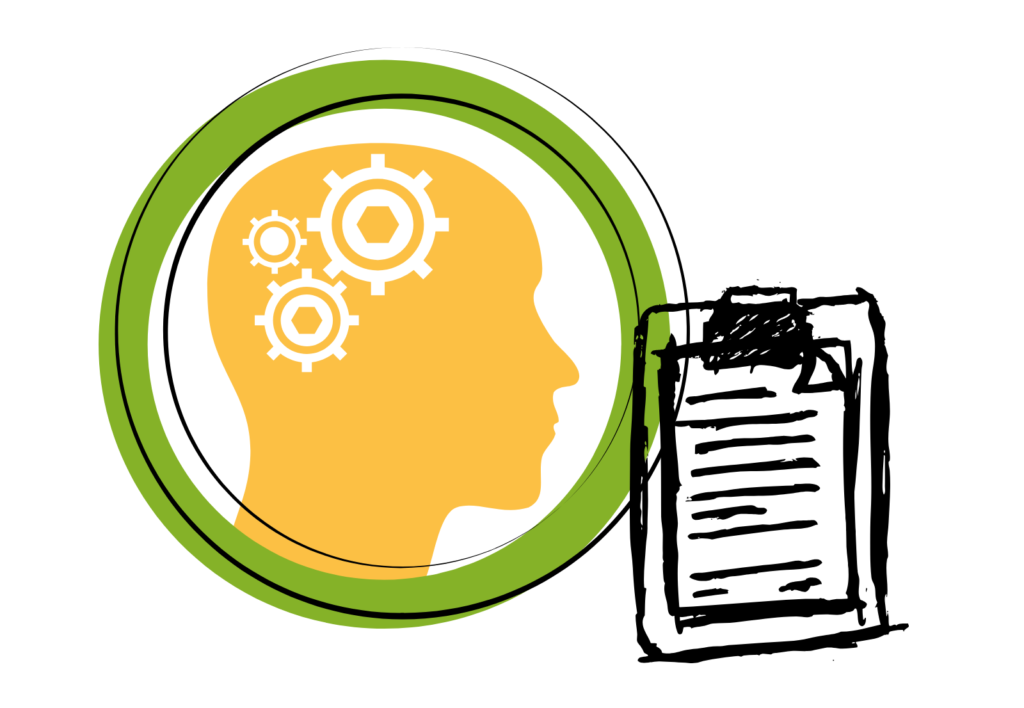 Icon of a brain and clipboard with survey