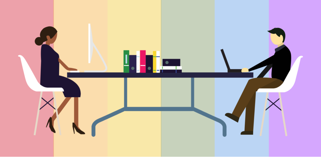 Illustration of two people working on computers.