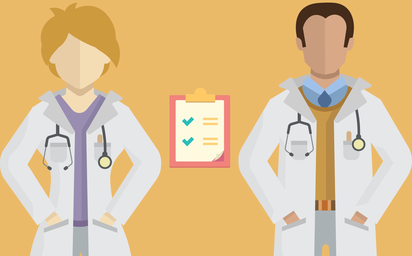 Illustration of two doctors and a clipboard.