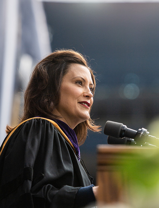 Photo of Gov. Gretchen Whitmer delivering commencement address