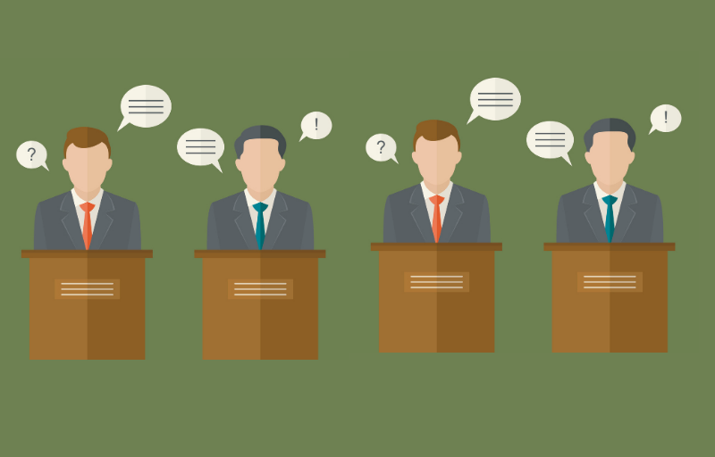 Debate lead graphic with four candidates.