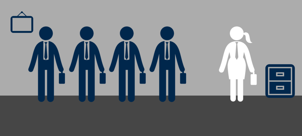 Illustration of one woman in a workplace environment.