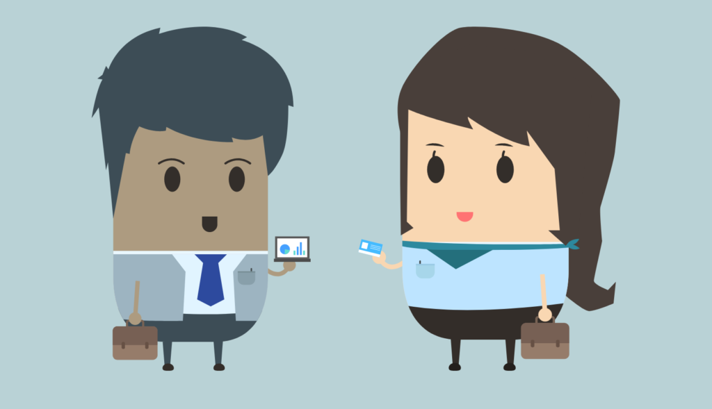 Illustration of two employees talking.